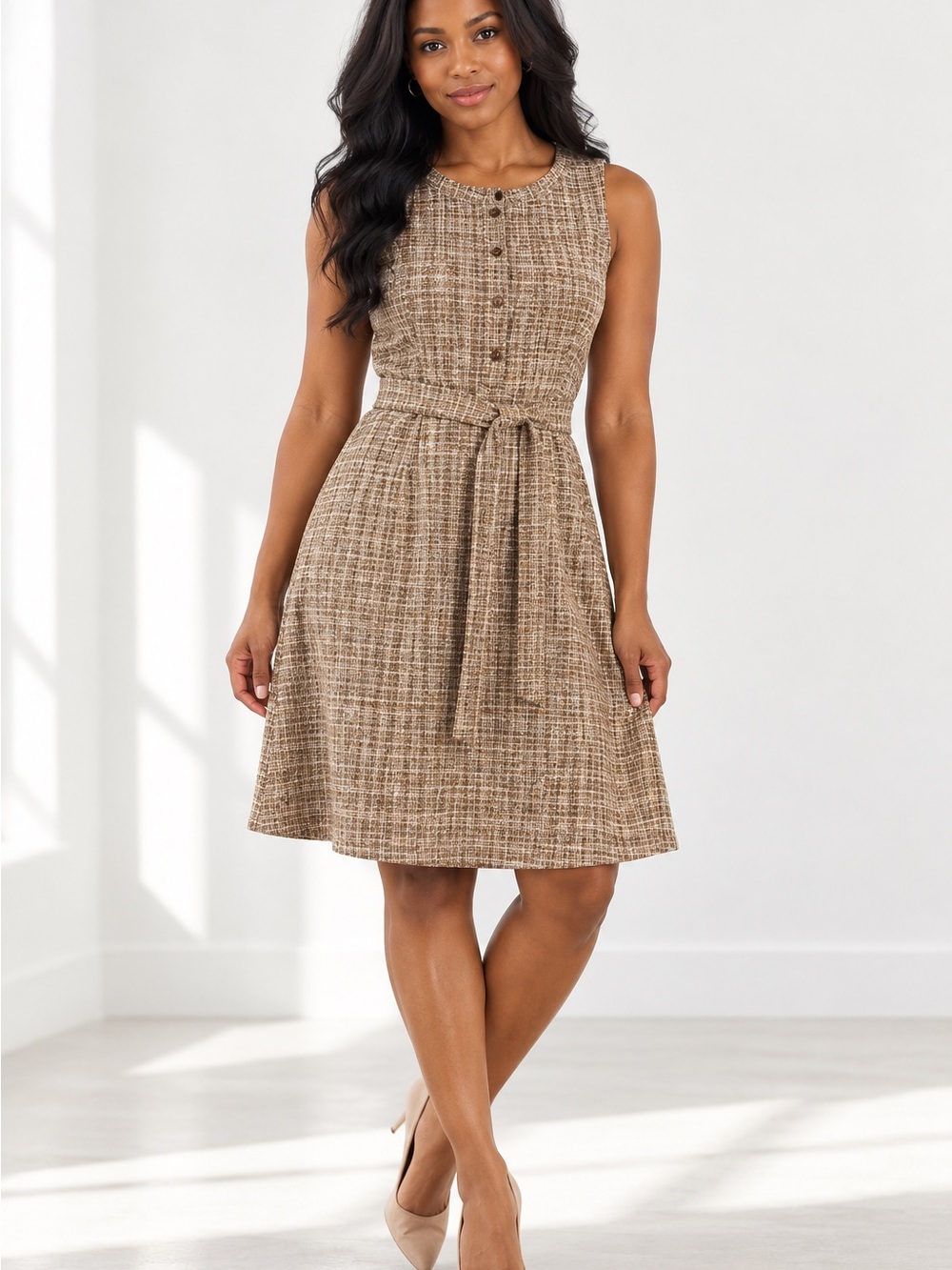 Ann Taylor Factory Brown Tweed Sleeveless Midi Dress with Self-Tie Belt